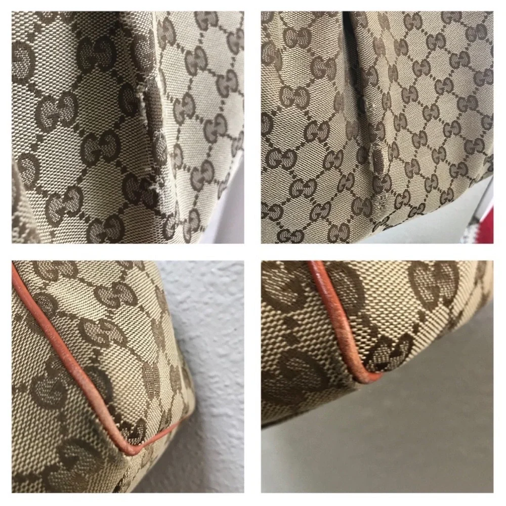Gucci GG Canvas Tote Bag Beige Monogram w/ Coral Orange Leather Trim & GG Charm - Picture 4 of 8